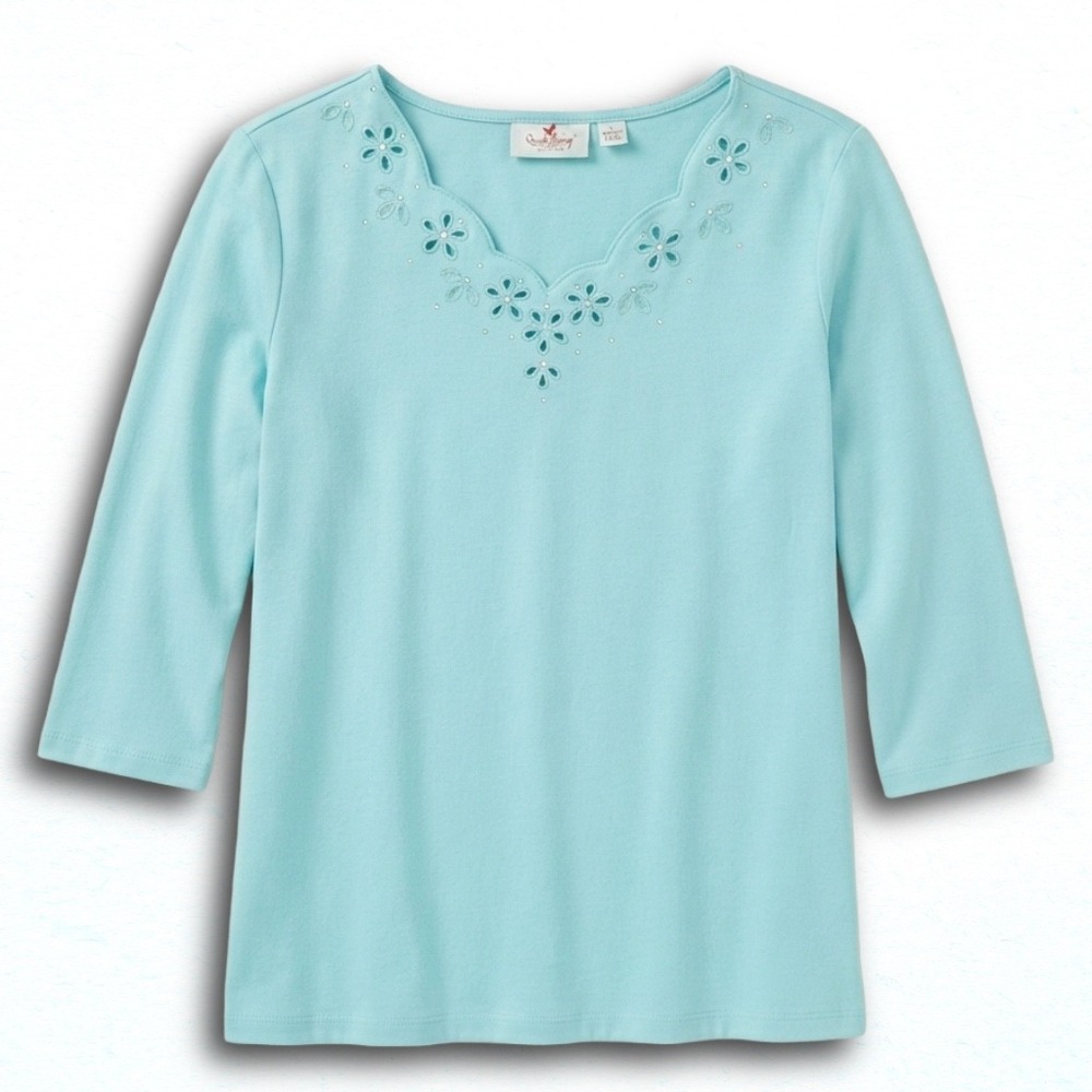 Quacker Factory Light Blue Scalloped Eyelet Rhinestone 3/4 Sleeve Top Large